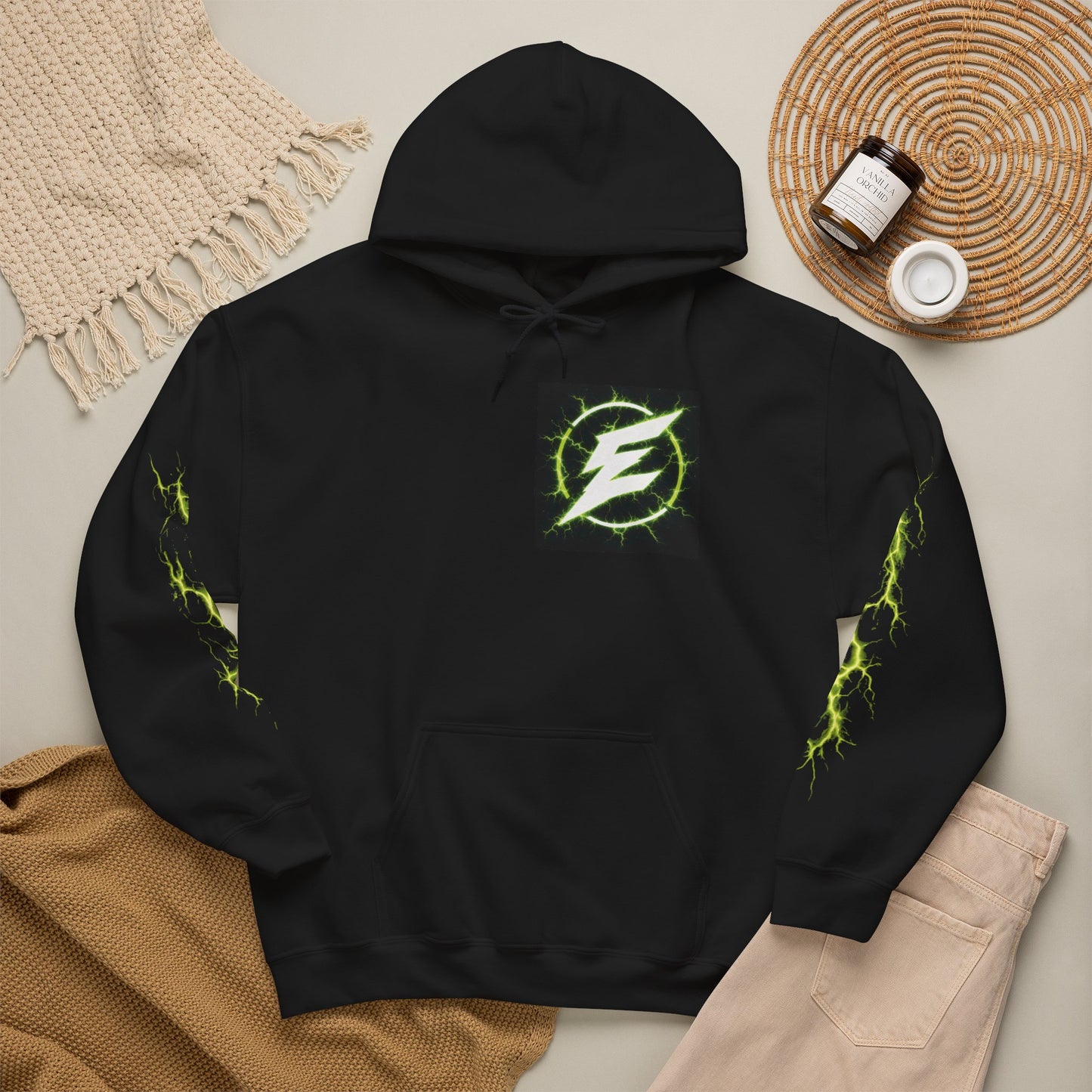 Epic Lightning Hoodie – 'EPIC' Logo Black Hooded Sweatshirt with Neon Green Lightning Sleeves