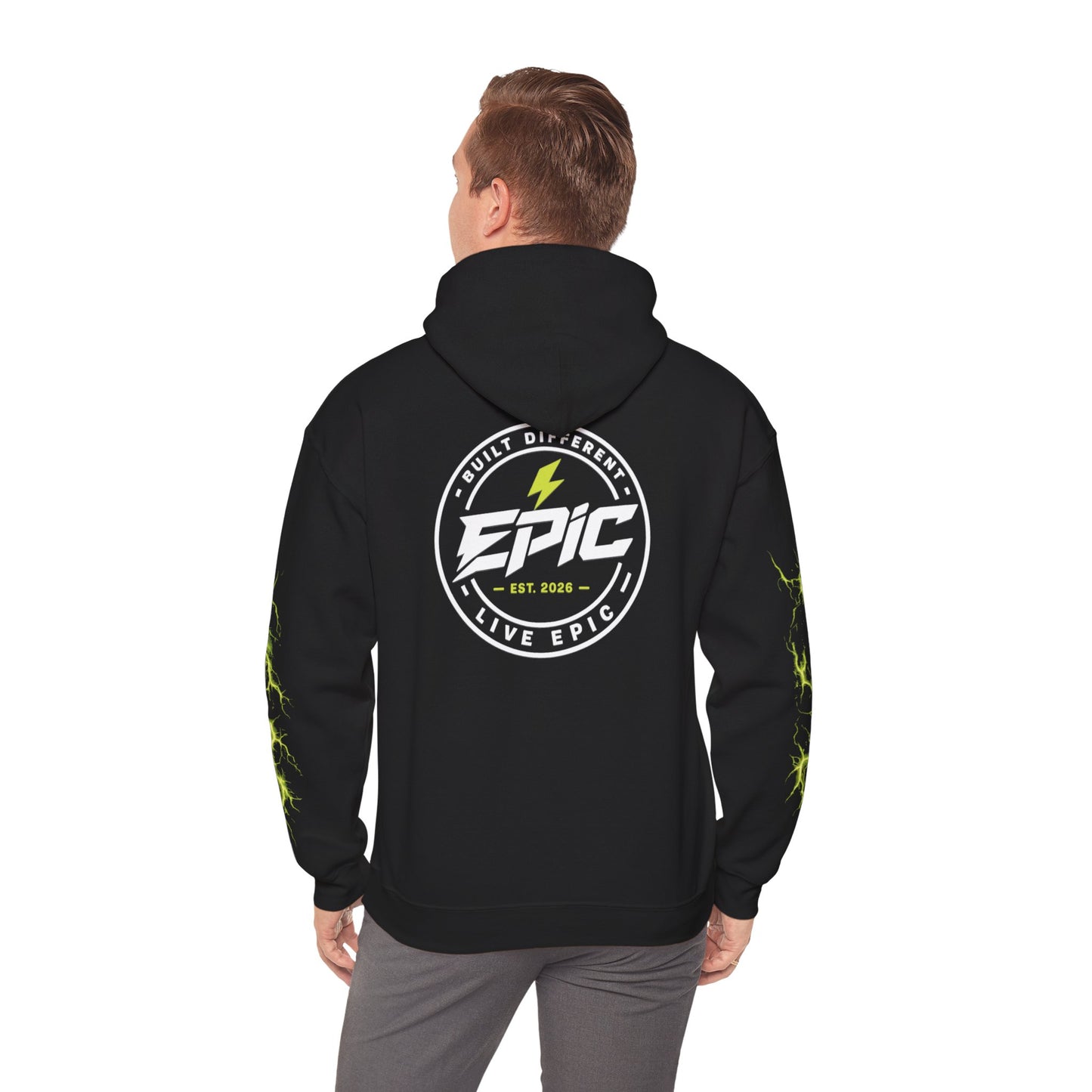 Epic Lightning Hoodie – 'EPIC' Logo Black Hooded Sweatshirt with Neon Green Lightning Sleeves