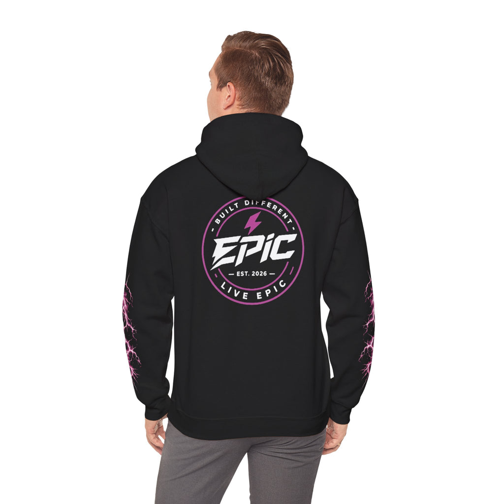 Epic Lightning Hoodie – 'EPIC' Logo Black Hooded Sweatshirt with Neon Pink Lightning Sleeves
