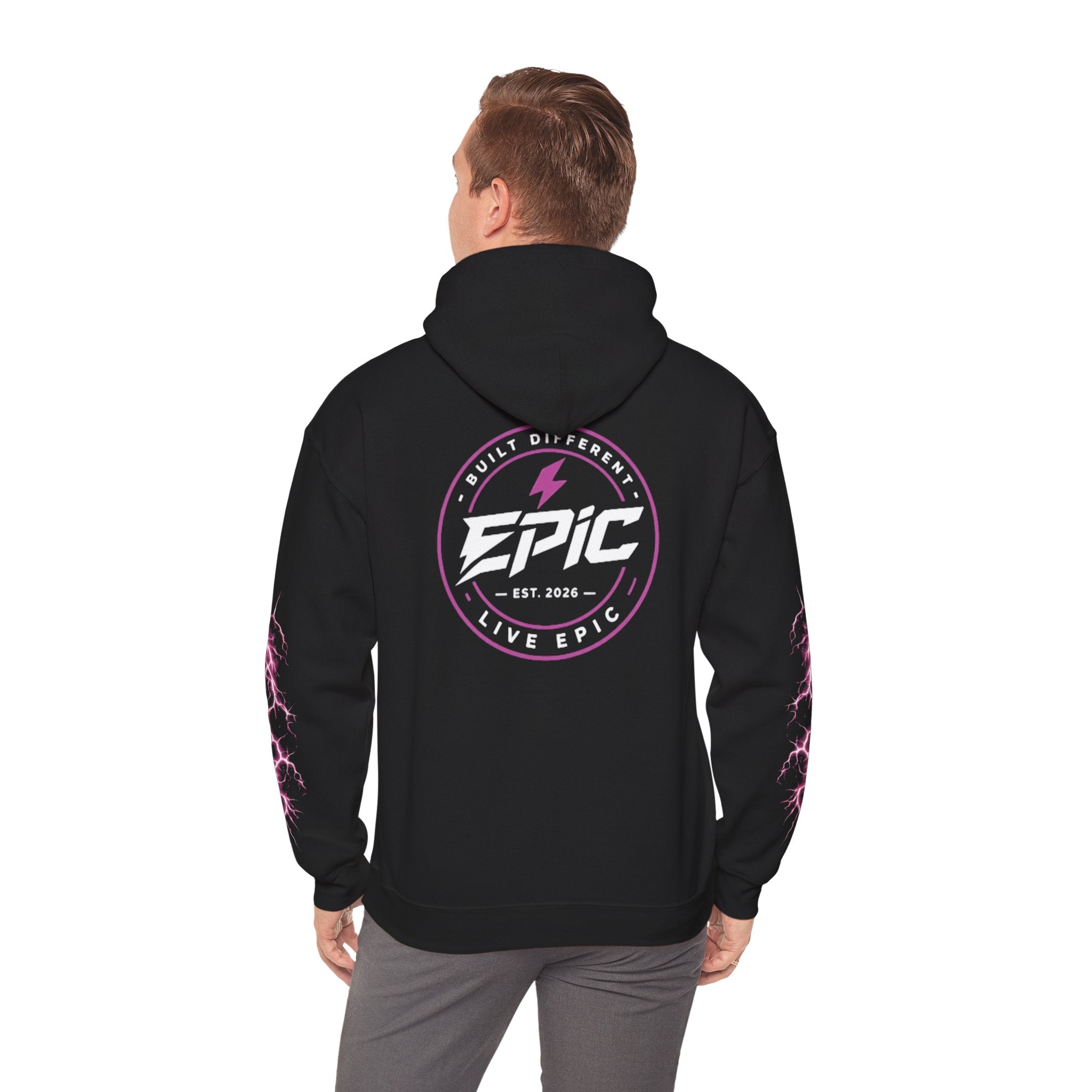 Epic Lightning Hoodie – 'EPIC' Logo Black Hooded Sweatshirt with Neon Pink Lightning Sleeves