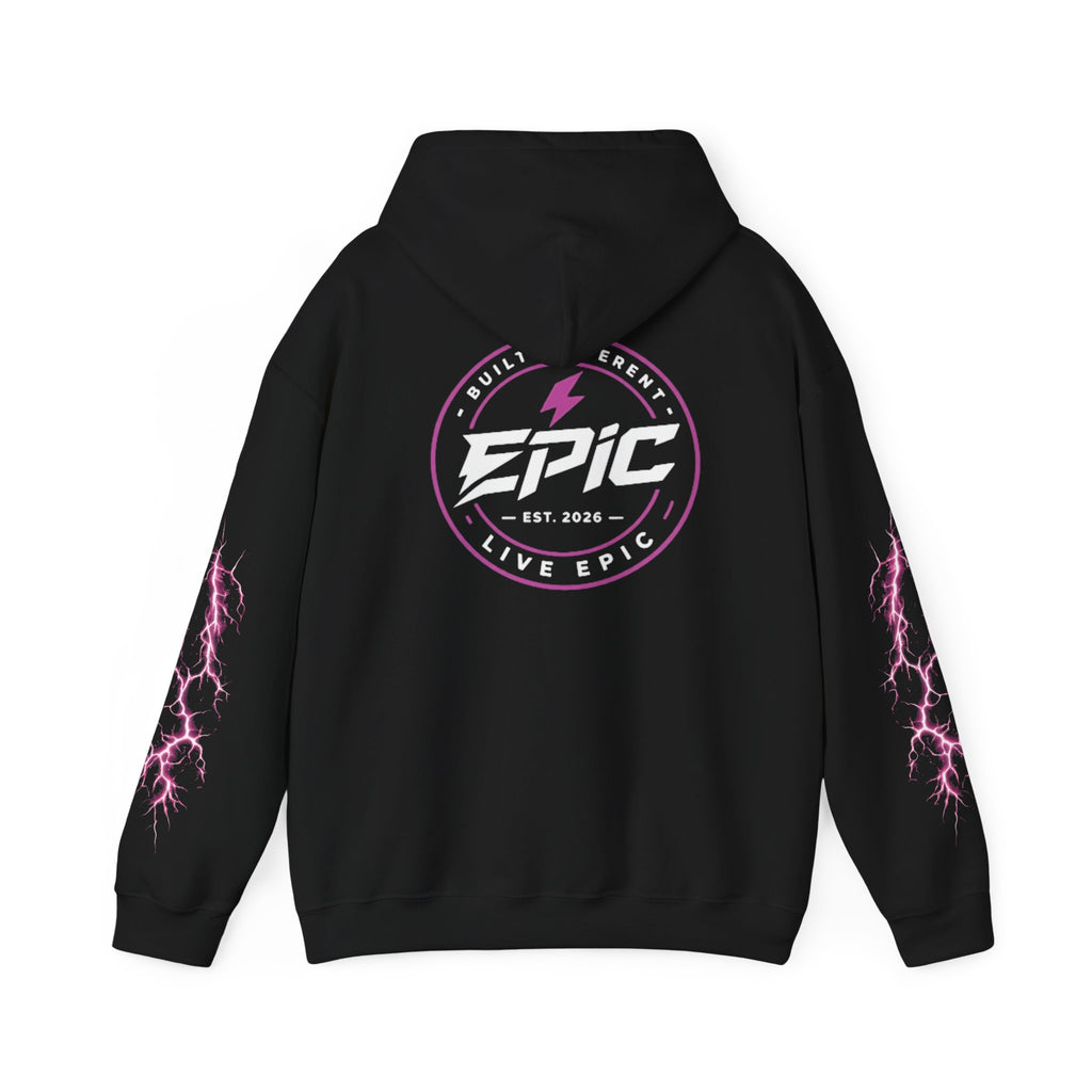 Epic Lightning Hoodie – 'EPIC' Logo Black Hooded Sweatshirt with Neon Pink Lightning Sleeves