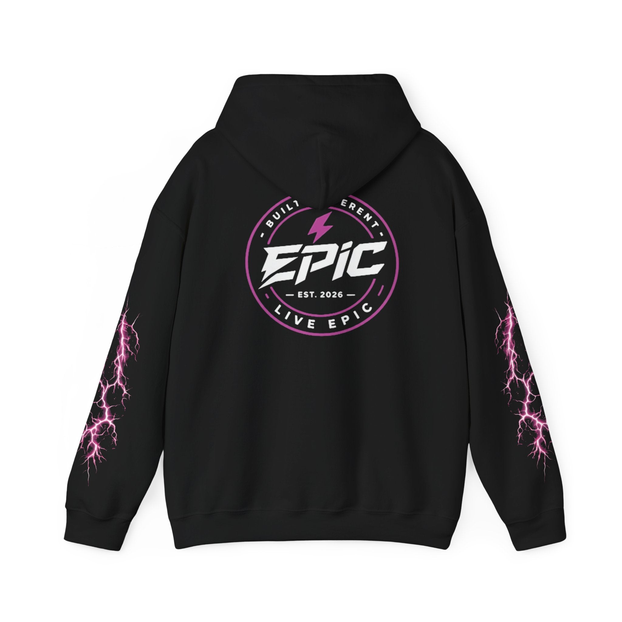 Epic Lightning Hoodie – 'EPIC' Logo Black Hooded Sweatshirt with Neon Pink Lightning Sleeves