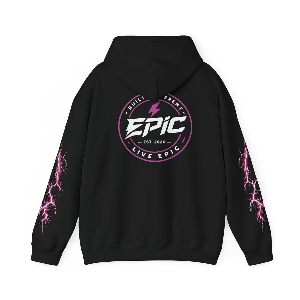 Epic Lightning Hoodie – 'EPIC' Logo Black Hooded Sweatshirt with Neon Pink Lightning Sleeves