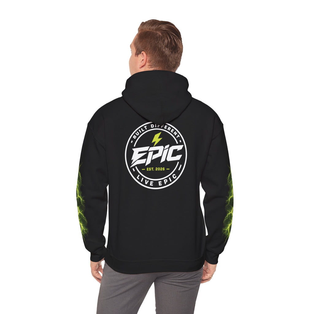 Epic Lightning Hoodie – 'EPIC' Logo Black Hooded Sweatshirt with Neon Green Lightning Sleeves